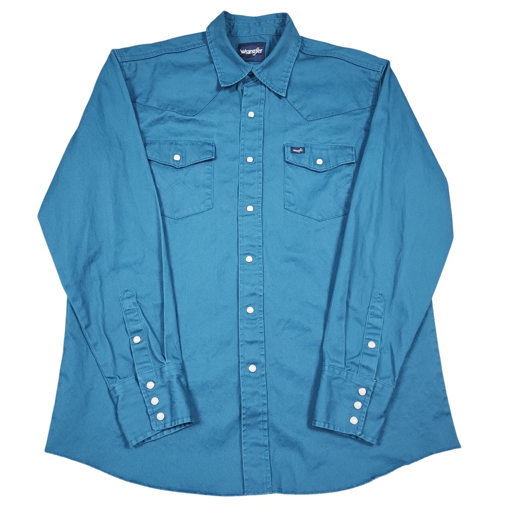 Wrangler Cowboy Cut Shirt Mens L Blue Pearl Snap Western Work Rodeo
